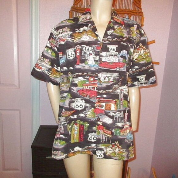 Vtg Pacific Legend Men's Hawaiian Shirt Size L Button Up Route 66 Dinosaur USA - Picture 1 of 12